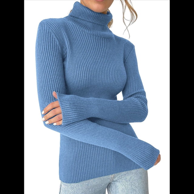 Suéteres Acanalados para Mujer, Lindos Suéteres de Punto de Cuello Alto, Ajustados y Cálidos Azul Mar un Tamaño