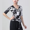 thumbnail image 3 of Elbow Length Sleeve Floral Faux Wrap Tie Waist Dance Basic Shirt women's Adult Ladies, 3 of 3