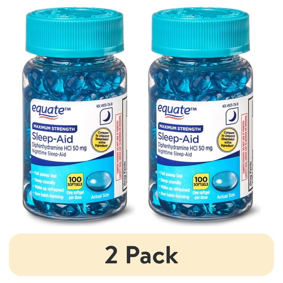 (2 pack) Equate Maximum Strength Nighttime Sleep-Aid Diphenhydramine HCl Sleep Support Softgels, 50 mg, 100 Count, Compare to Unisom SleepGels Active Ingredient