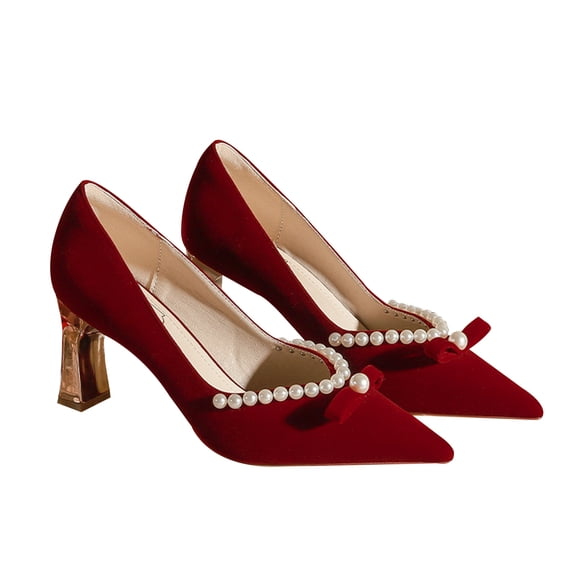 Women Pointed Toe Stiletto High Heels 7.5CM Pearl Bow Red Suede Wedding Pumps Evening Party