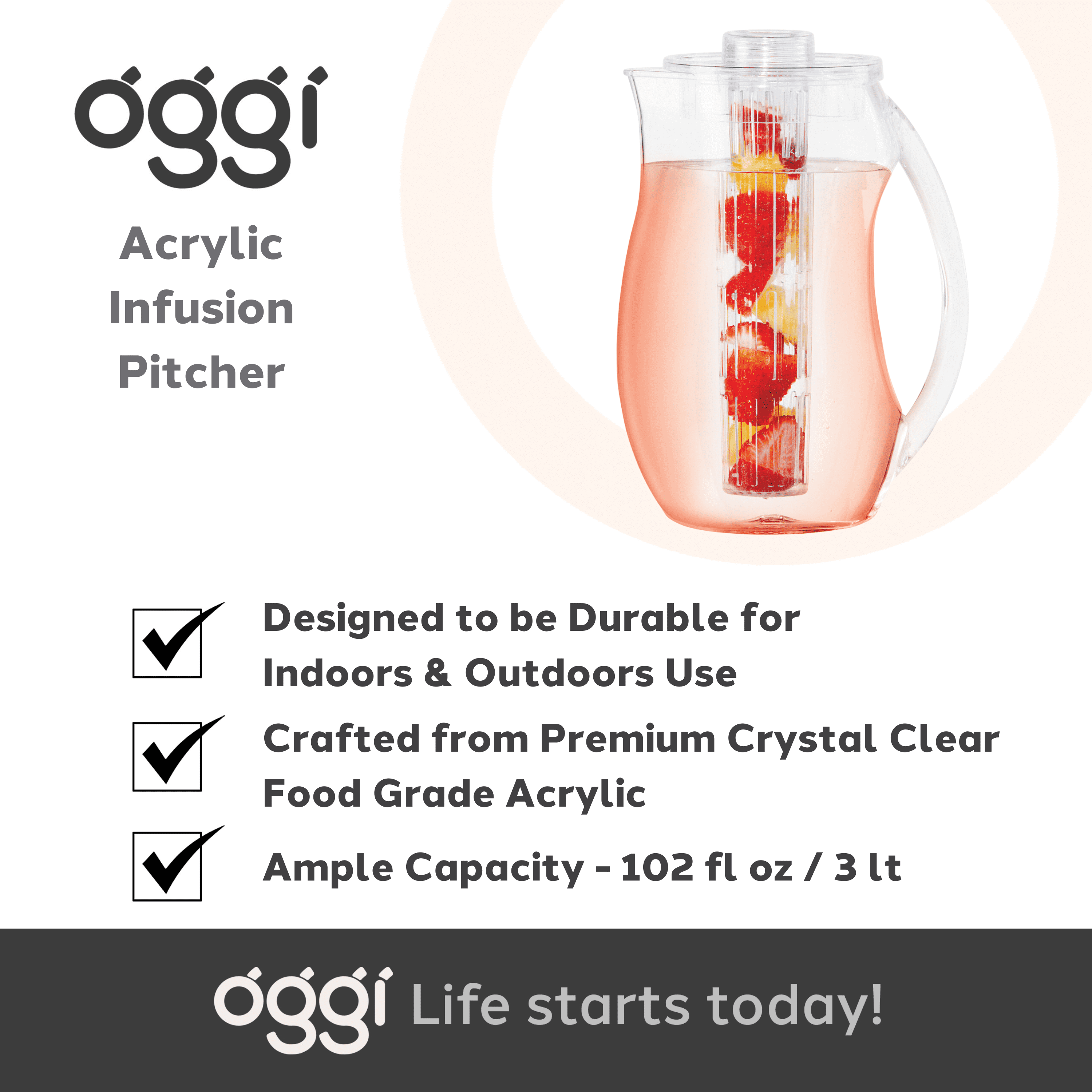 Clear Pitcher w/ Infuser Tube (3 lt, 102 oz)