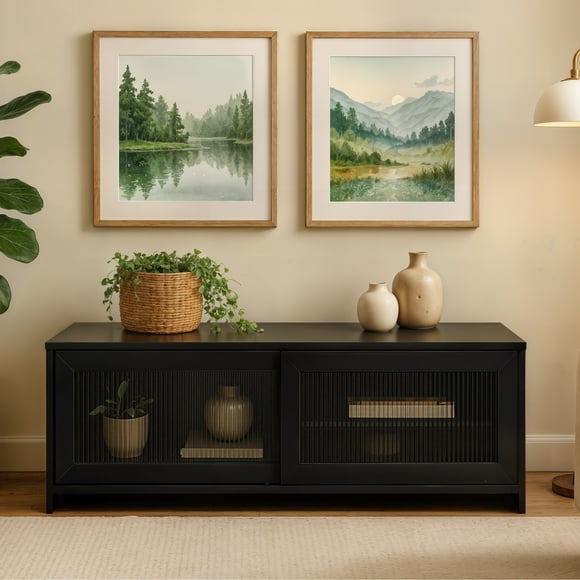 Meuble TV modulaire CorLiving Ellis en bois d'ingénierie noir avec 2 portes en verre cannelé