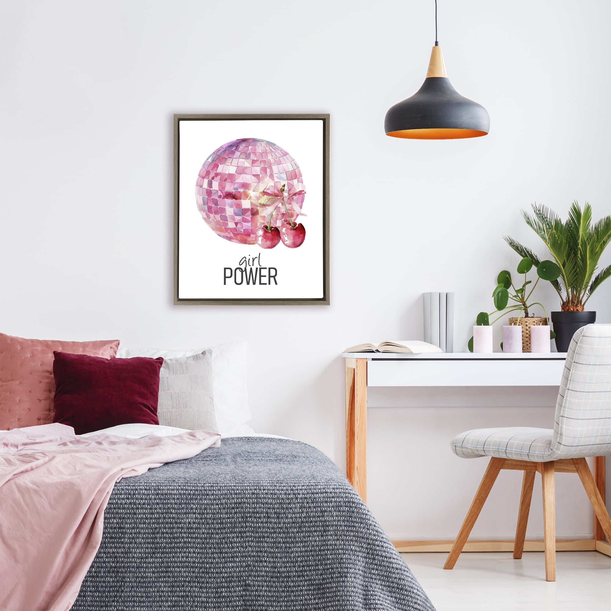 Girl Power Disco Cherries Brown Framed Floater Canvas Wall Art, design by Kim Allen