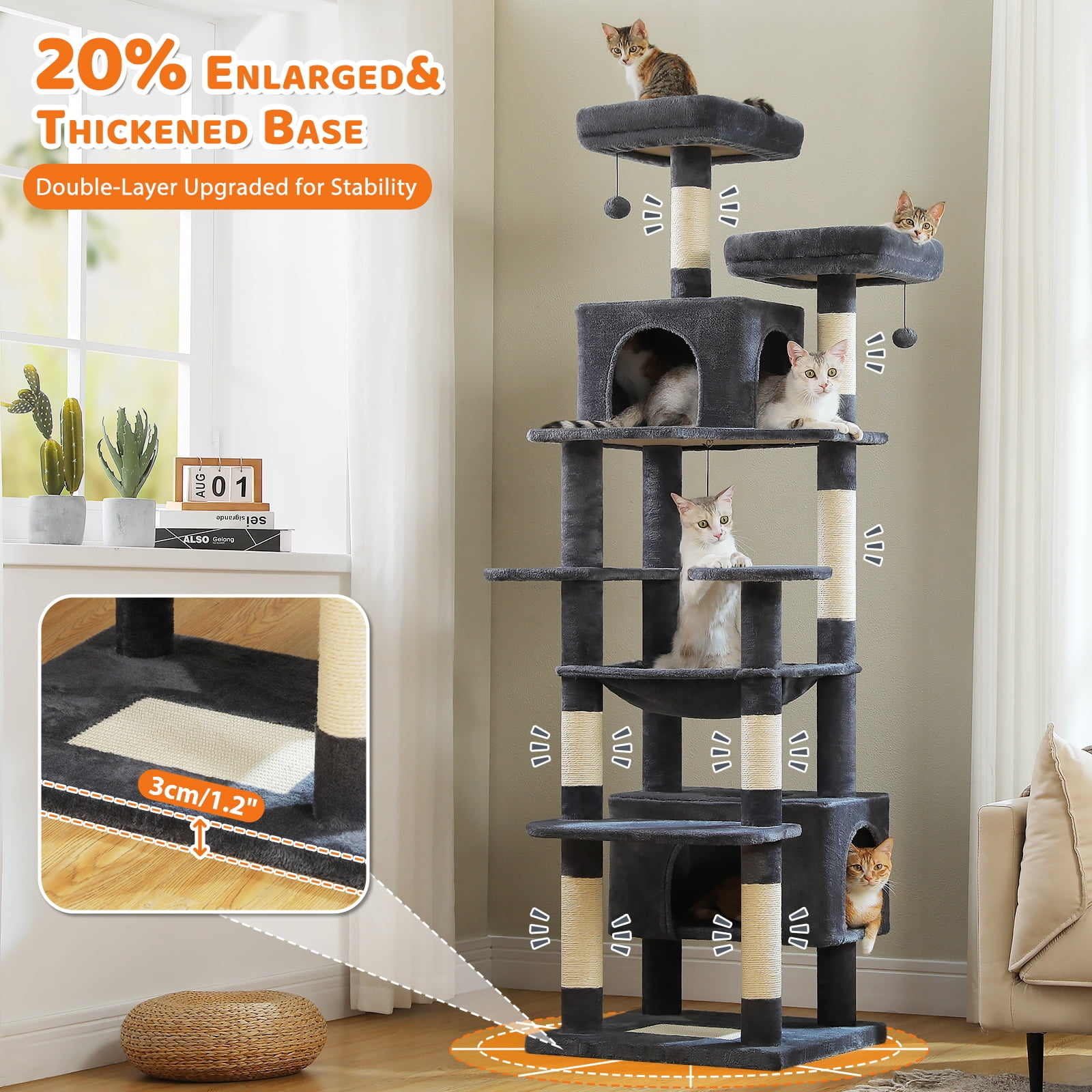 Pefilos 81" Tall Cat Tree for Large Cats, Heavy Duty Cat Tower with 2 Perches, 2 Condos and Spacious Hammock, Large Condo with 7 Scratching Posts, Dark Gray