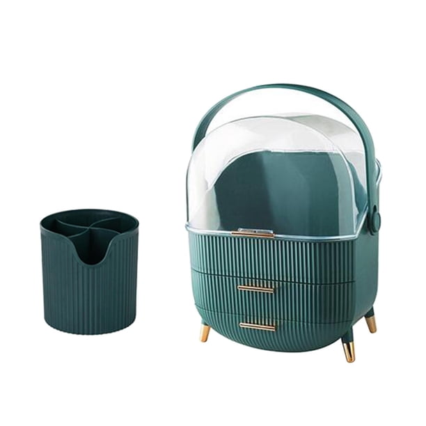 Organizador de maquillaje acrílico con soporte para brochas y labiales, resistente al agua. Verde
