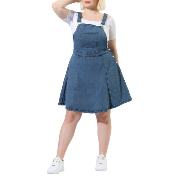 MODA NOVA Juniors' Plus Size Suspender Skirt Patch Pocket Side Button Denim Overall Dress