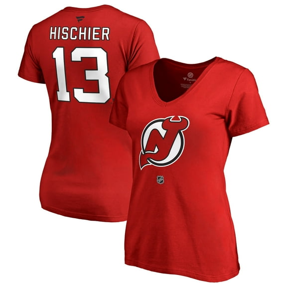 Women's Nico Hischier Red New Jersey Devils Authentic Stack Name & Number V-Neck T-Shirt