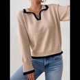 thumbnail image 4 of Suéter Básico con Cuello Alto en V para Mujer, Diseño de Bloques de Color, Moda Invierno Otoño 2025. Caqui XL, 4 of 10