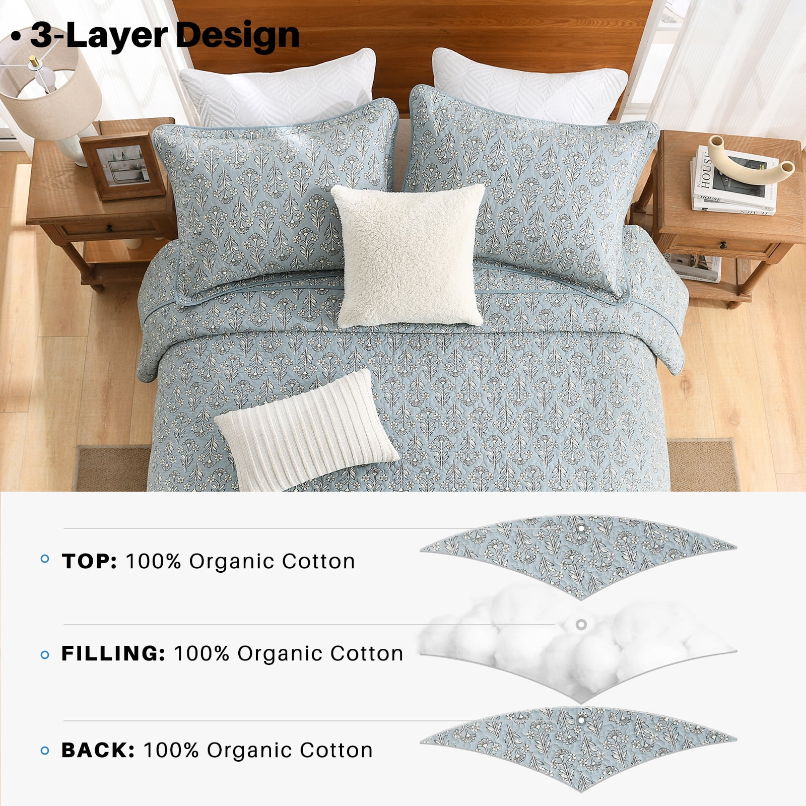 Bedduvit Dusty Blue Floral Quilt, 100% Organic Cotton Queen Size Quilt Set, Lightweight Quilted Bedspread for Queen Bed, Elegant Modern All Season 3-Piece Spring Summer Comforter Bedding Set, 98"x90"