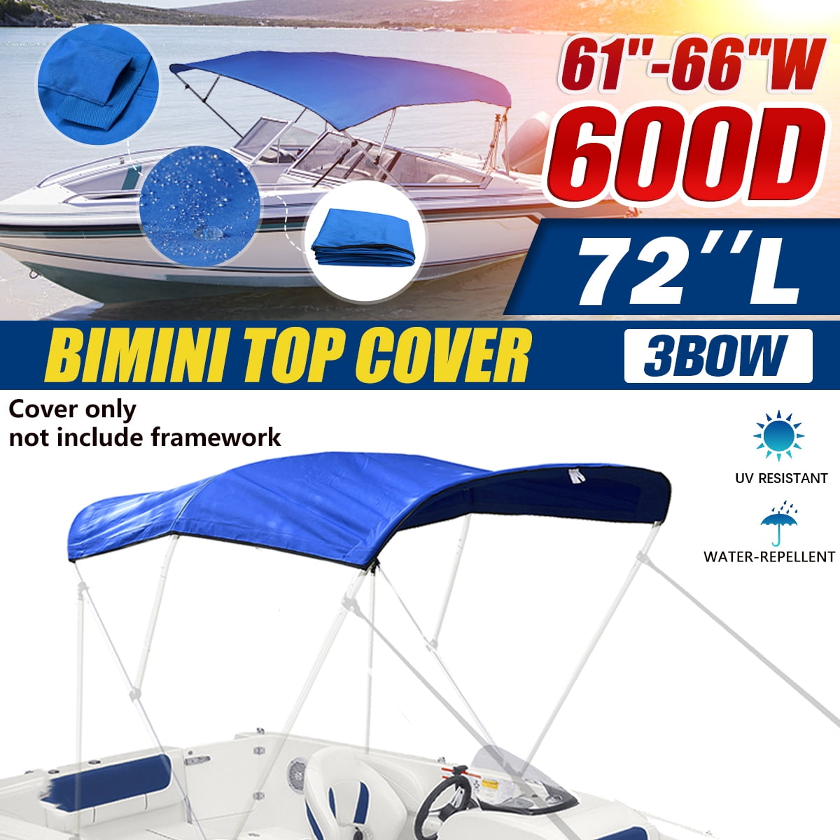 vidaXL 3 Bow Bimini Top Sturdy Weather Resistant Blue 6'x6.4'x4.6' Boat Cover 