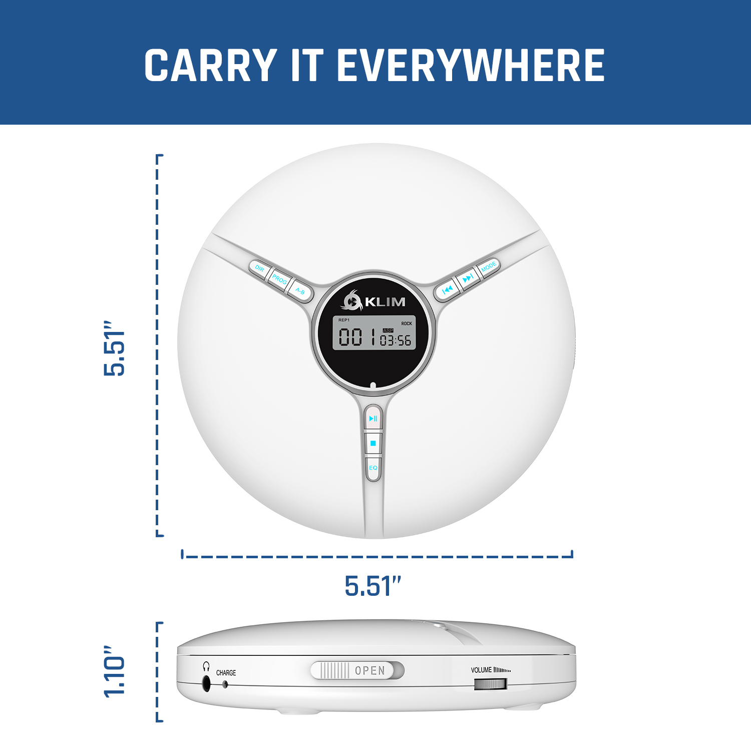 KLIM Discman - Portable CD Player with Built-in Battery, Includes KLIM Fusion Earphones. Compact Mini CD Players, Personal, Compatible with CD-R, CD-RW, and MP3. CD Walkman. 2022 New - White