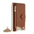 thumbnail image 2 of For Apple iPhone 15 Plus PU Leather Wallet Case Magnetic Flip Cover Multi-Card Slots Zipper Pocket With Hidden Makeup Mirror，Detachable Metal Shoulder Strap,Brown,For iPhone 15 Plus, 2 of 7