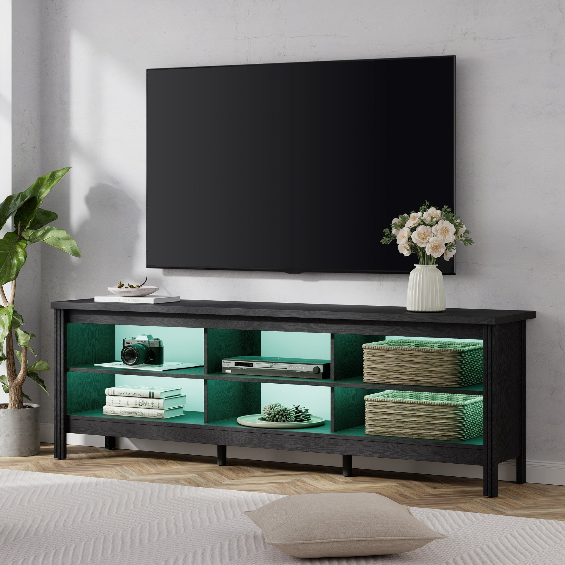 WAMPAT 70" Farmhouse TV Stand for 75 inch TV with LED Light, Black Entertainment Center with 6 Storage Space for Living Room & Bedroom