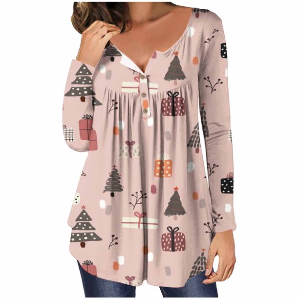 Camisas Navideñas Para Mujer, Camisetas de Manga Larga, Jersey Con Estampado Navideño Informal, Blusa Con Botones de Cuello Redondo Odeerbi ODB202380