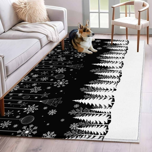 Christmas Snowflakes Area Rug 3x5 Washable Rug Non Slip Xmas Balls Winter Pine Tree Black Large Area Rug Indoor Floor Carpet for Entryway Bedroom Kitchen Living Room Home Office Dining Room Nursery