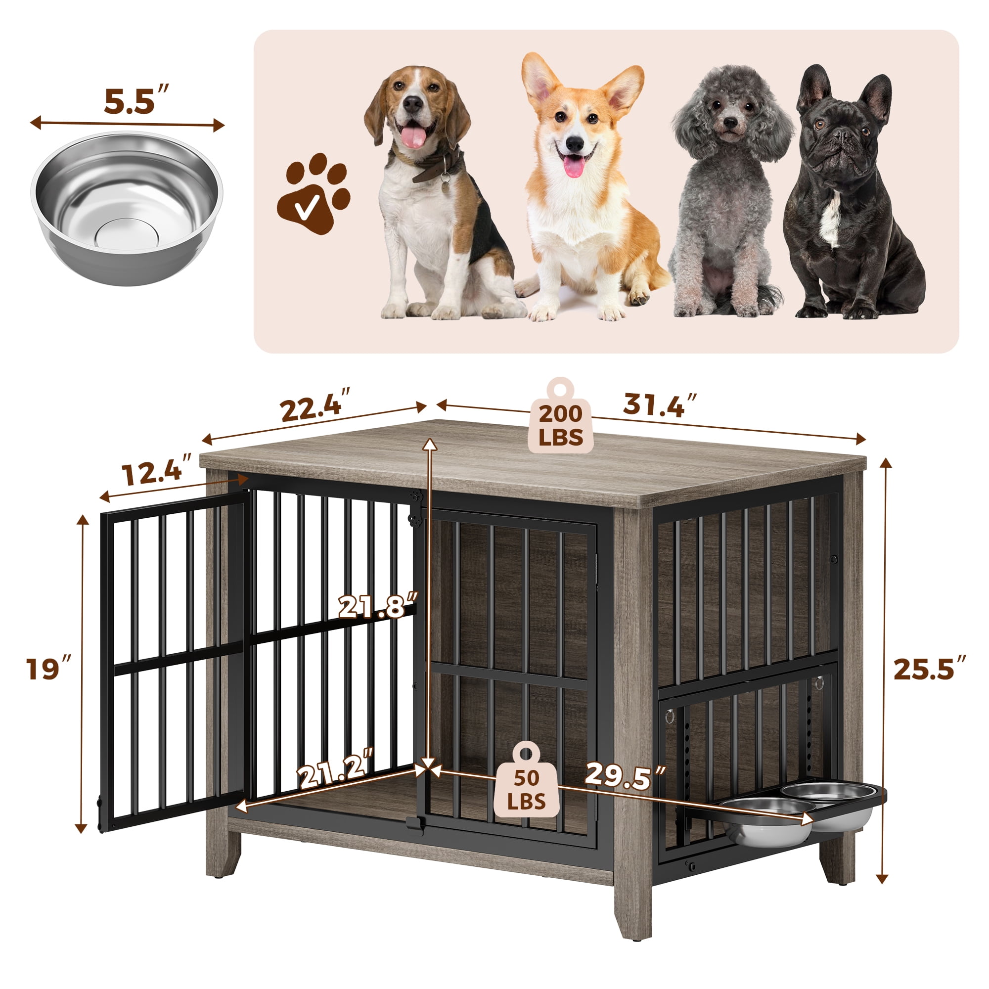 GIKPAL Dog Crate Furniture with 2 Adjustable Bowls, 32" Dog Cage Kennels for Inside with Lockable Doors, Heavy Duty Pet House End Table for Small Medium Dogs, Gray