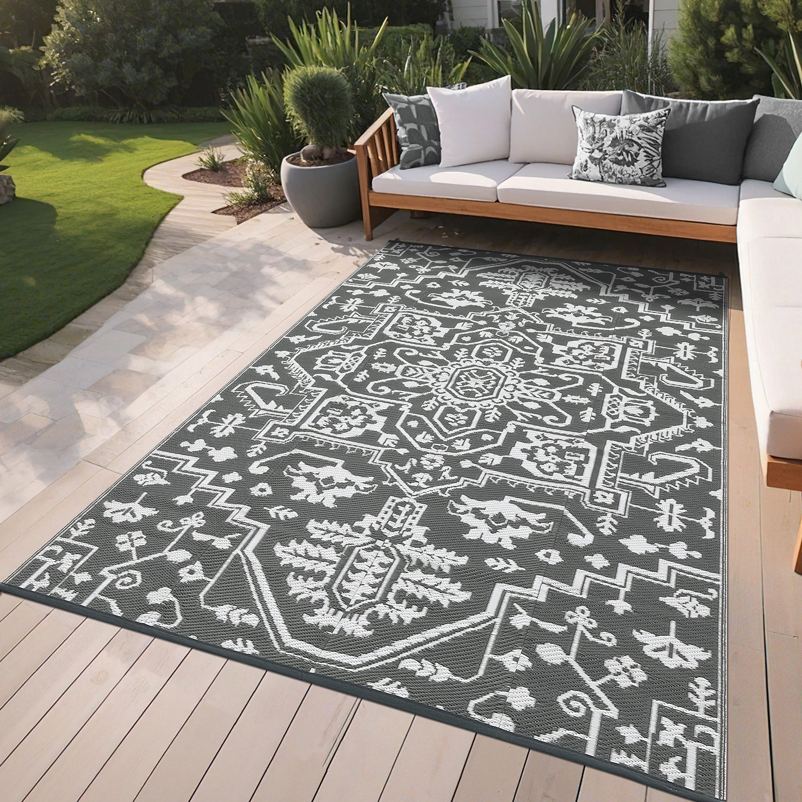 FairOnly 9'x12'Vintage Reversible Outdoor Area Rug Stain Resistant Carprt for Beach Picnic