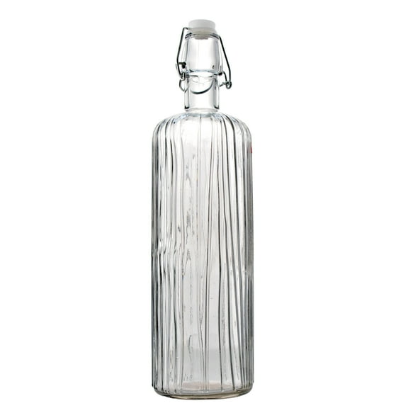 Botella de Vidrio Grueso, Tapa de Goma con Cierre Hermético Reutilizable, Envase de Vidrio Transparente con Relieve, 1 Litro, Línea Vertical