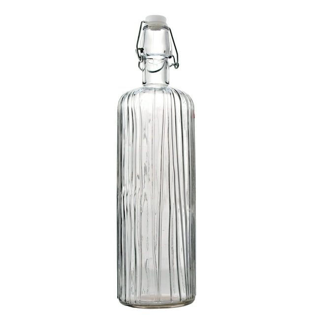 Botella de Vidrio Grueso, Tapa de Goma con Cierre Hermético Reutilizable, Envase de Vidrio Transparente con Relieve, 1 Litro, Línea Vertical