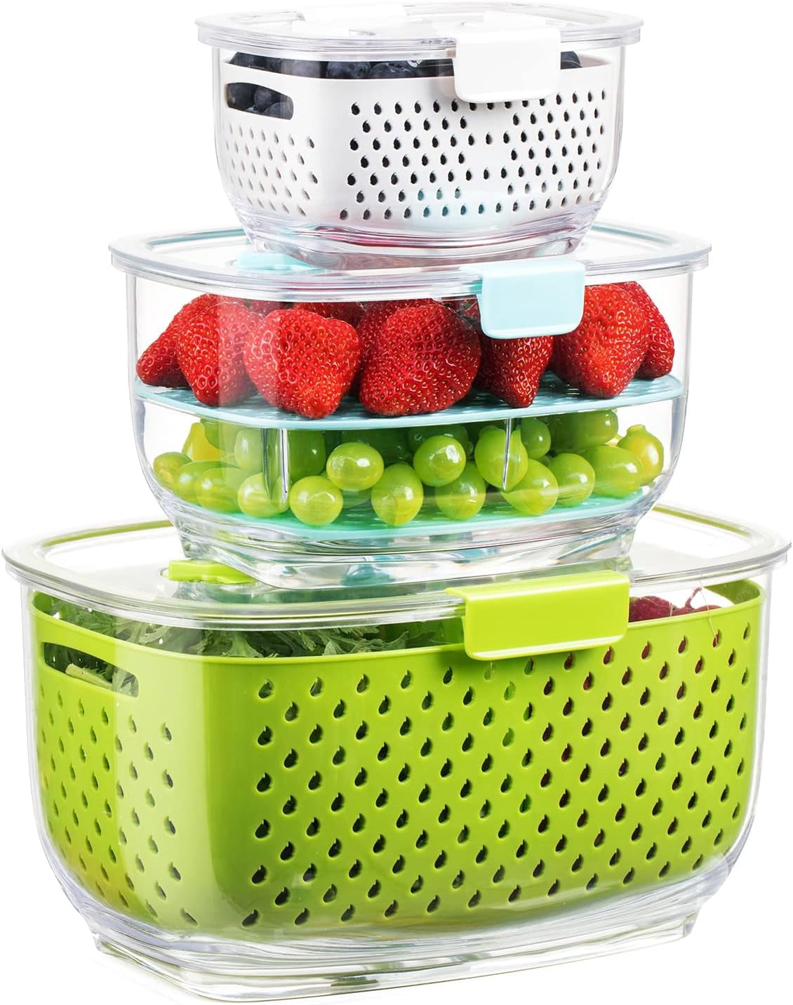 Fresh Produce Storage Containers 3-Piece Set BPA-Free Partitioned Salad Container Refrigerator Organizer for Fruits and Vegetables White