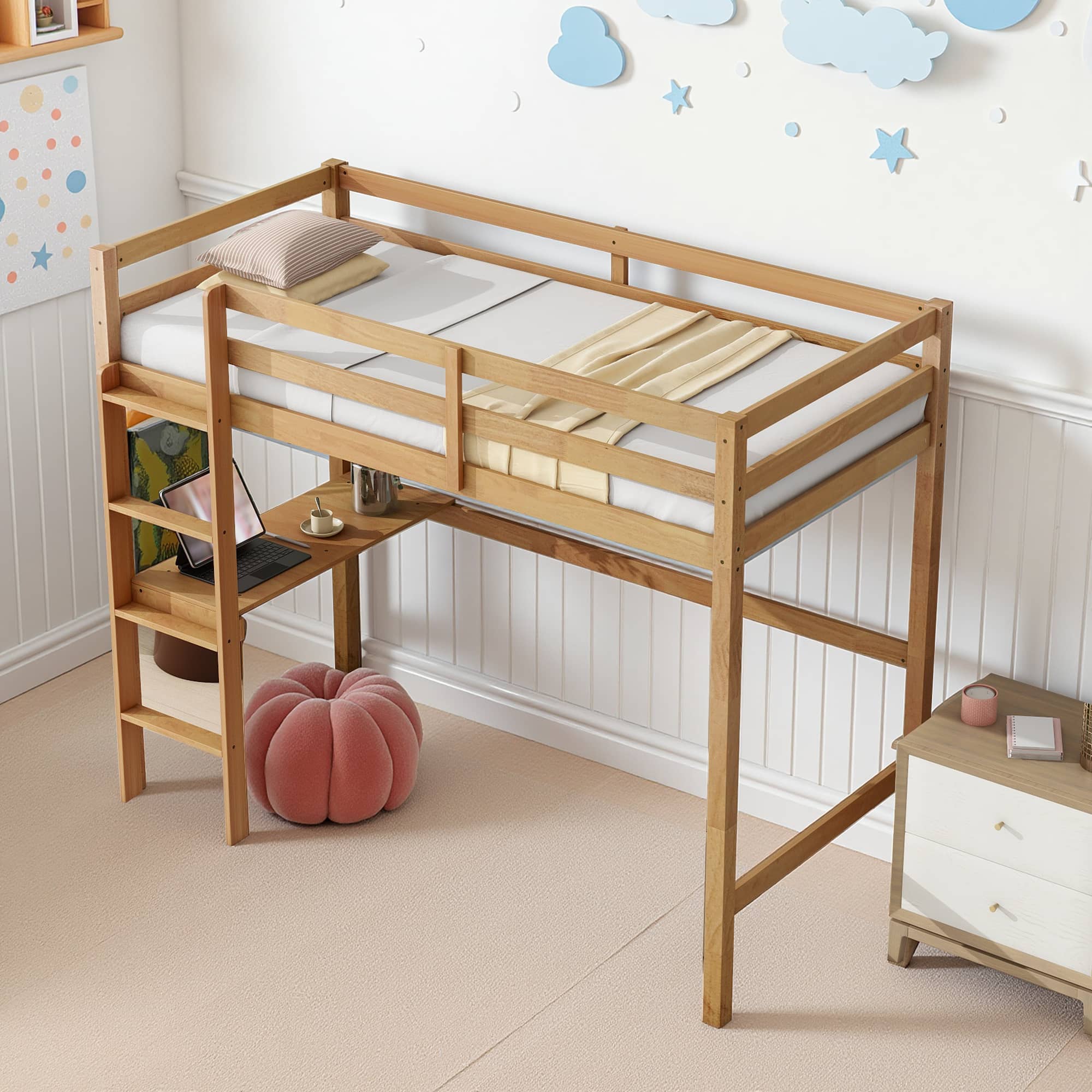 MAYEERTY Twin High Loft Bed, Rubber Wood Bed Frame with Guardrail, Built-in Desk, White Oak
