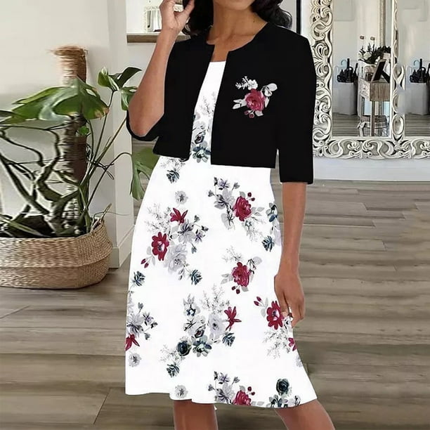 LYXSSBYX Womens Dresses with Jackets 2 Piece Sets Two-Piece Women's Summer  Printed Round Neck Elegant A Line Sling Dress and Half Sleeve Cardigan Tops  Set Suit - Walmart Business Supplies