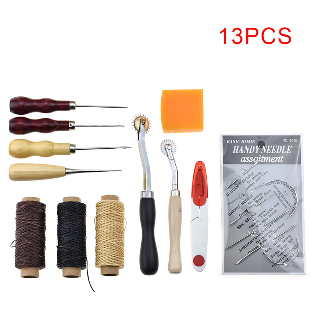 Leather Craft Tools Hand Sewing Tool Kit Stitching Awl Thimble Waxed Thread 