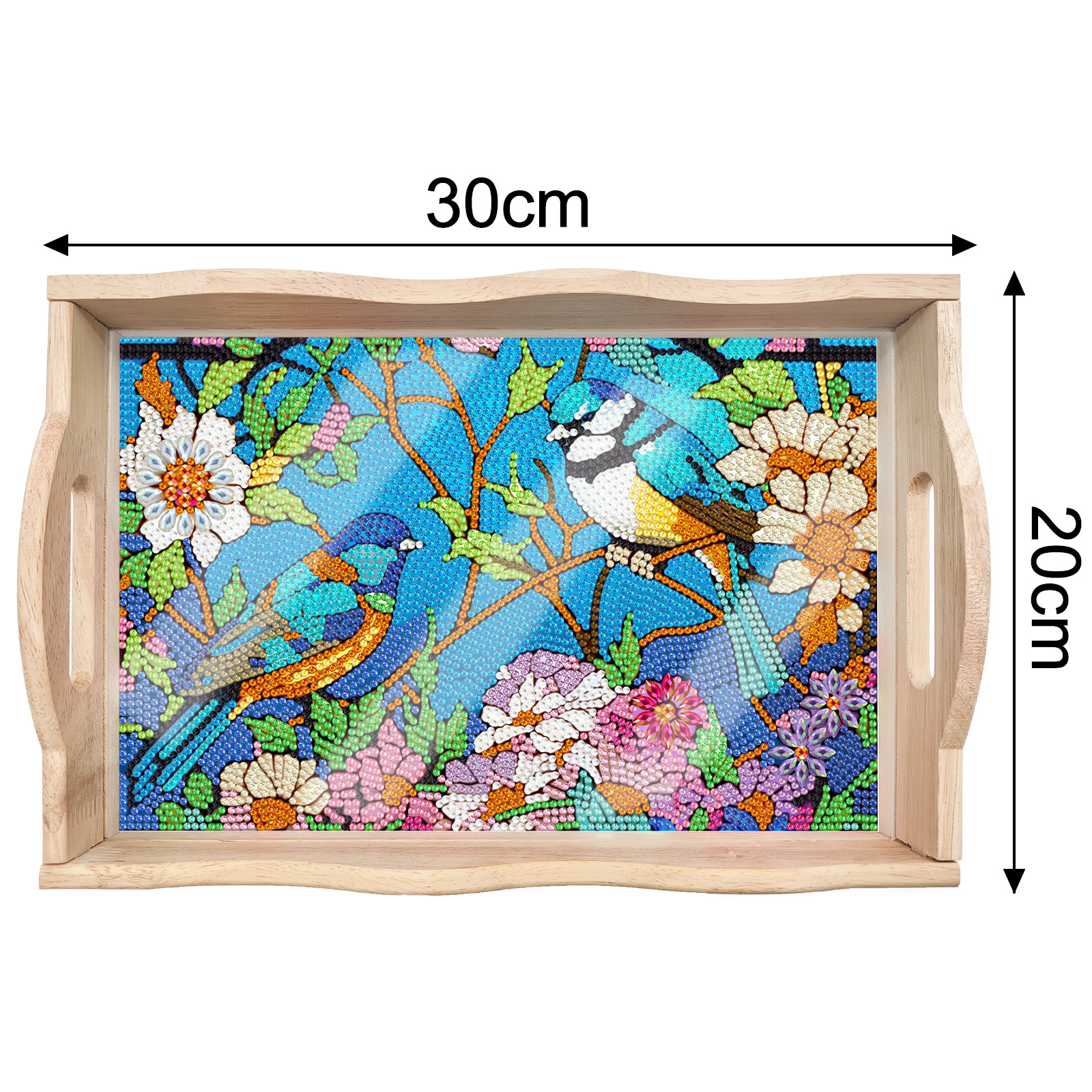 FLOPESN DIY Diamond Art Painting Tray,Handmade Wooden Tray Mosaic by Number Kits Diamond Art for Coffee Living Room Home Organizer-Birds singing and flowers fragrant