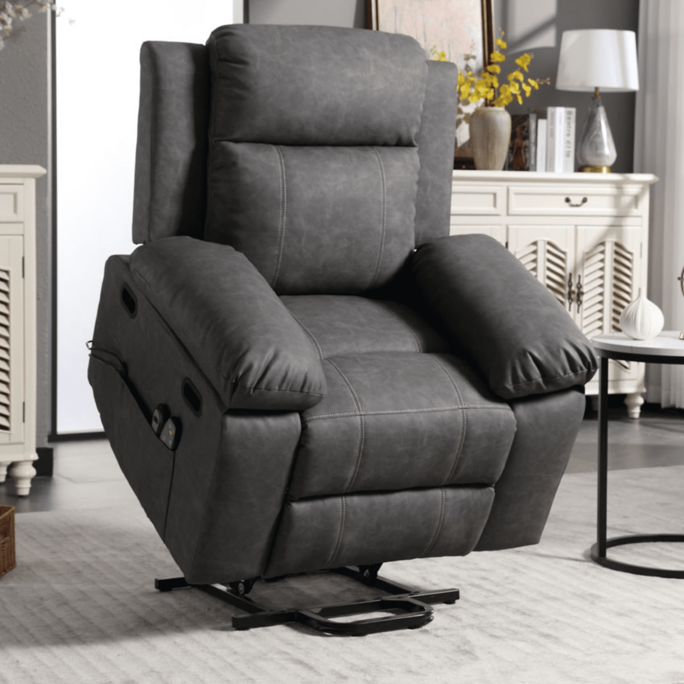 PAPROOS Recliner Chair, Electric Power Lift Recliner with Heat Therapy and Massage Function, Large Size Lift Chair with Remote and Side Pocket, Oversized Power Reclining Sofa, Gray Blue