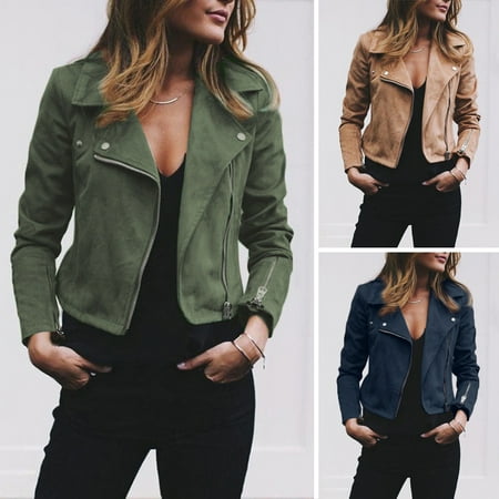 - Women Ladies Suede Leather Jacket Coats Zip Up Biker Flight Casual Top Coat Outwear