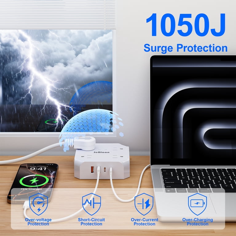 12-in-1 Power Strip with 8 Outlets, 4 USB Ports, 5ft Cord, White photo 2