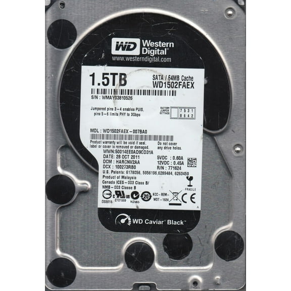 WD1502FAEX-007BA0, DCM HARCNV2AA, Western Digital 1.5TB SATA 3.5 Hard Drive