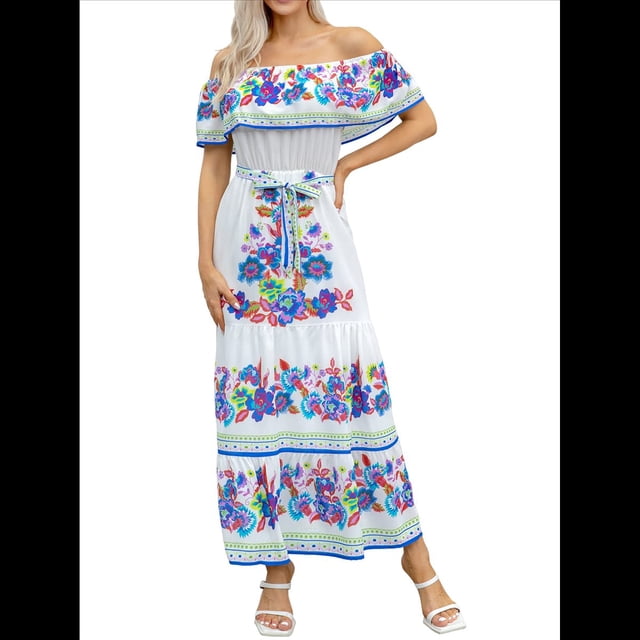 Vestido de Verano para Mujer, Estampado Floral, Hombros Descubiertos, Sin Mangas, y Azul S