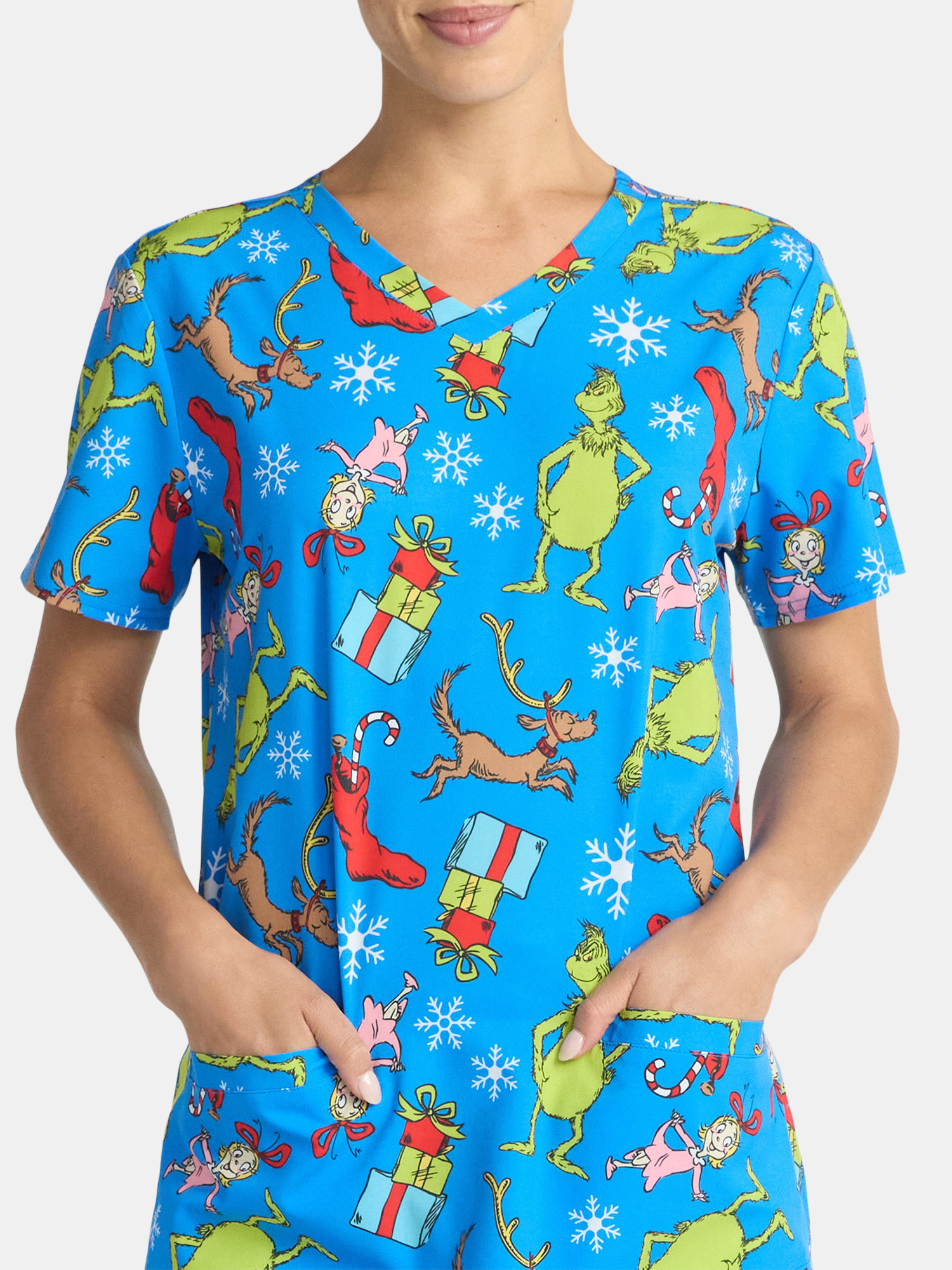 Dr. Seuss Women's Holiday Scrub Top with Short Sleeves, Sizes S-3XL