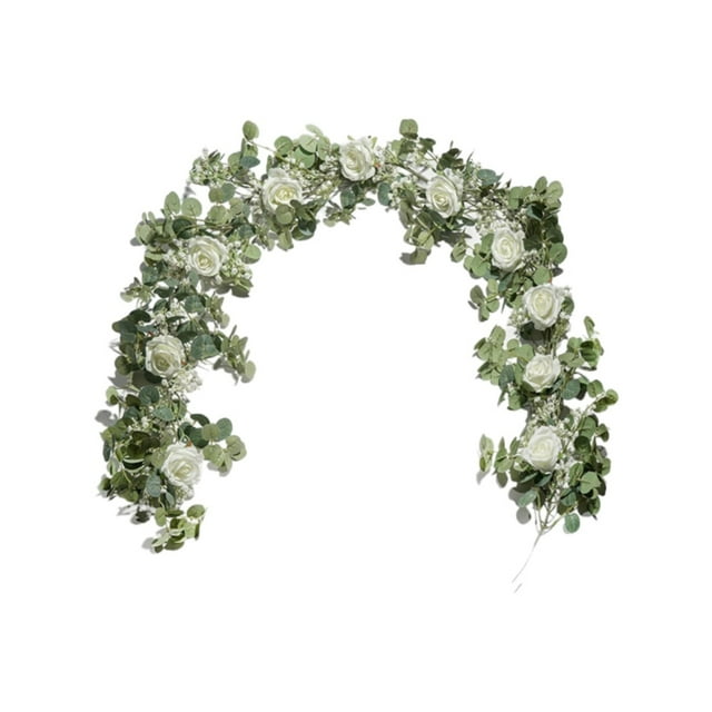 Fall Decor halloween decor 6FT Artificial Garland With Flowers 10 White Roses Breath Garland Floral Greenery Garland For Wedding Centerpiece Table Runner Decor Wall Decoration