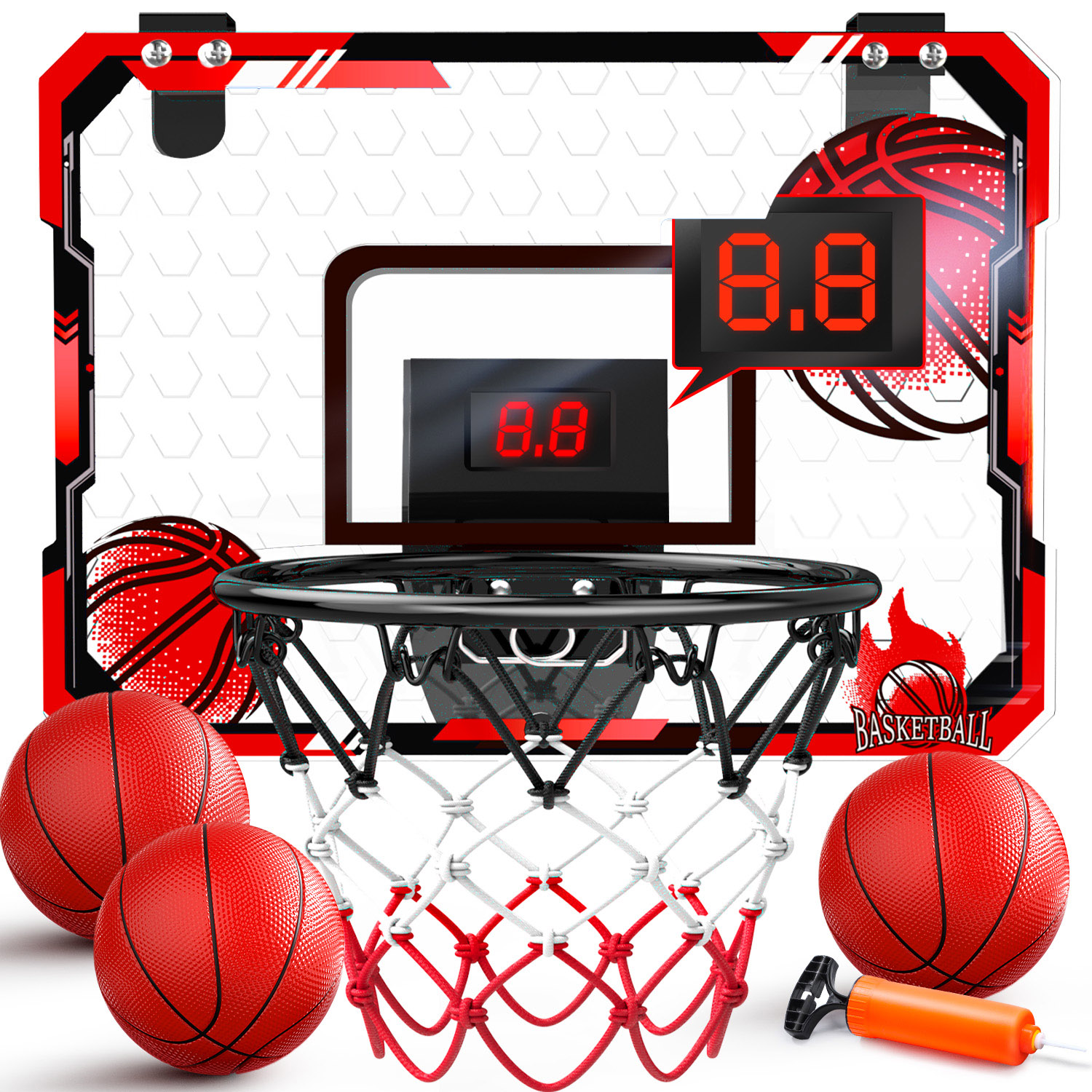 JoyStone Indoor Basketball Hoop for Kids, Mini Basketball Hoop with Electronic Scoreboard & Sounds, Over The Door Basketball Hoop 3 Balls for Kids & Adults, Red