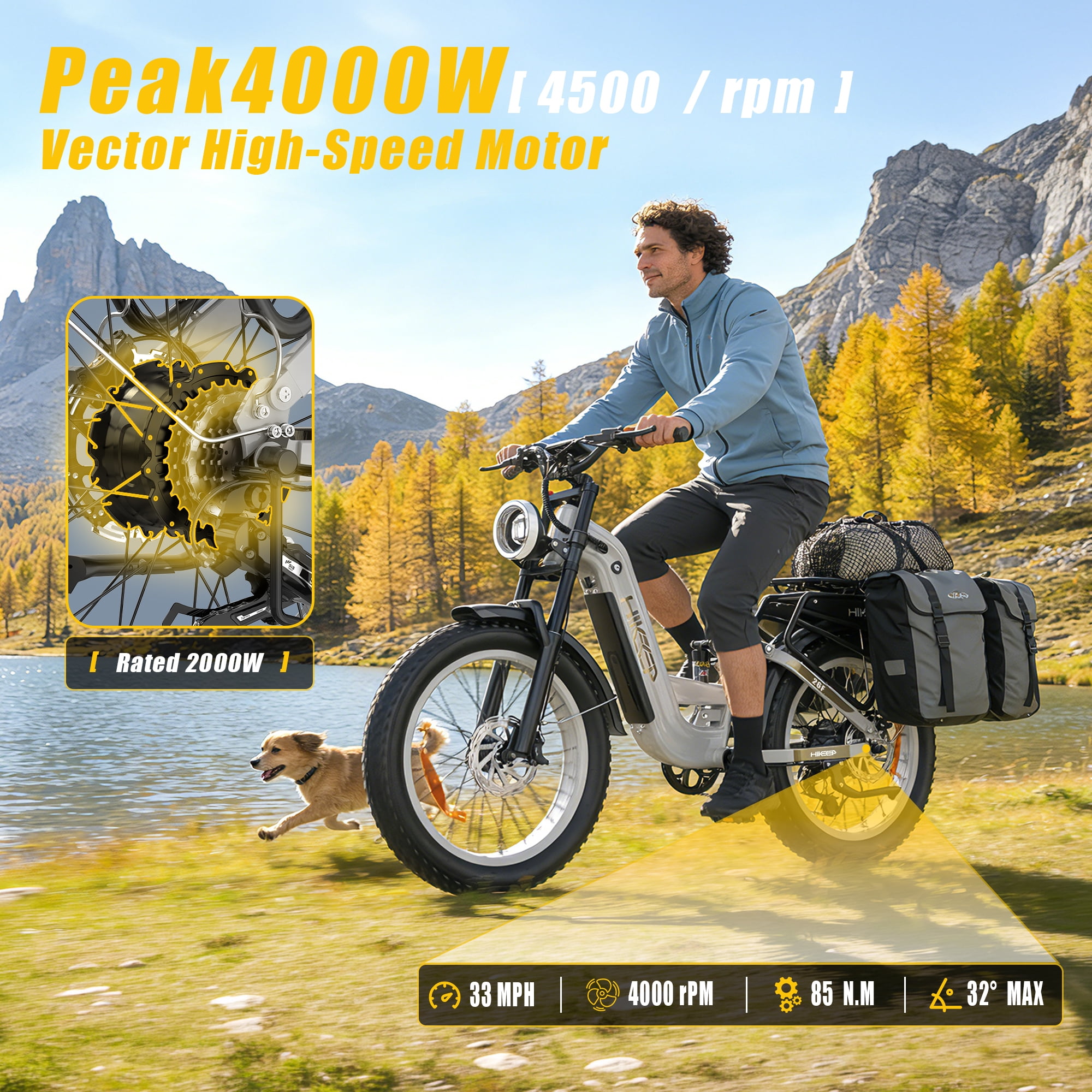Electric Bike for Adults, 2000W 4000W Peak Motor, 48V 25Ah Removable Battery, 26x4.0 Fat Tire Ebike, 7-Speed Shimano, Front Fork & Linkage Suspension, Rear Rack, 40MPH, UL2849, Black