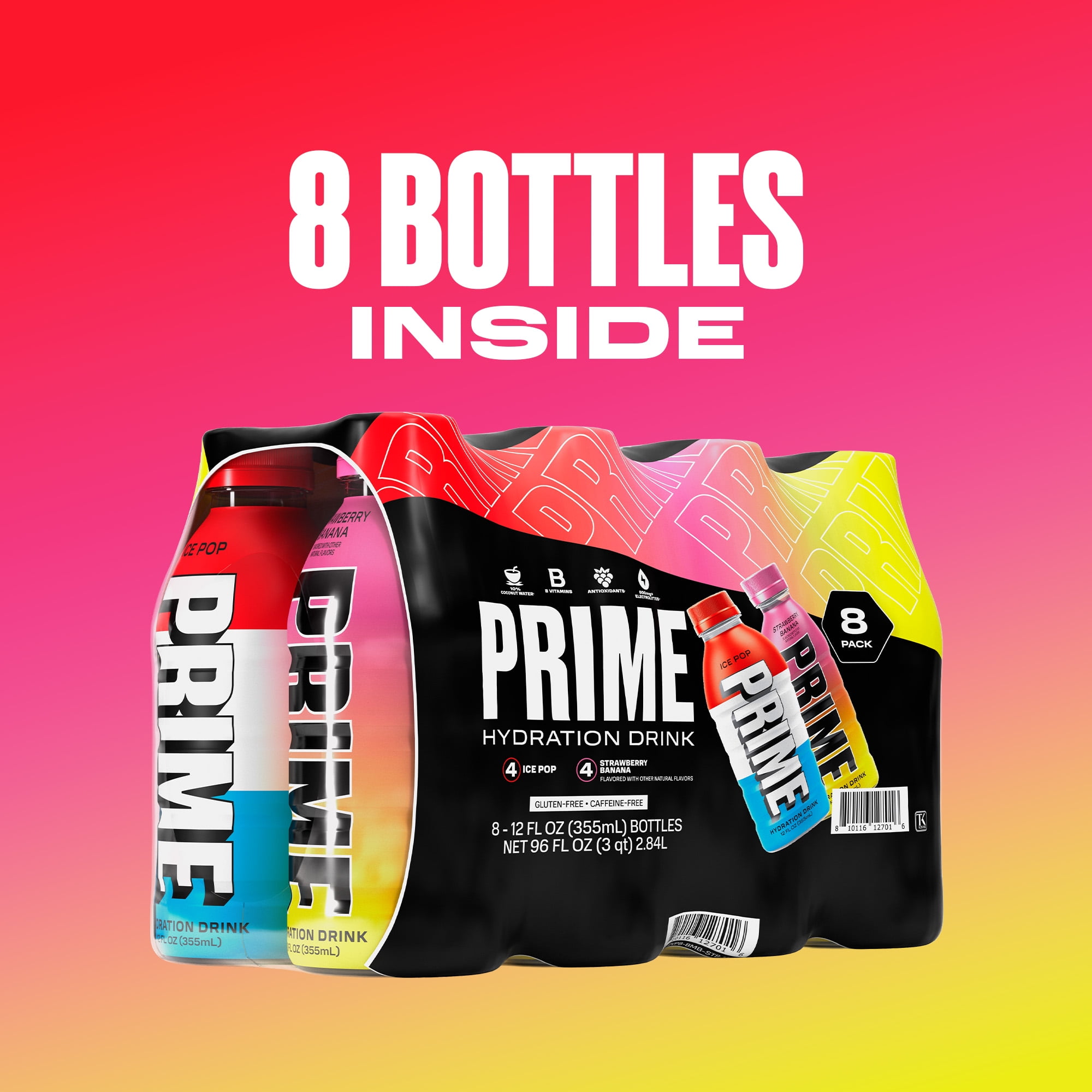 Prime Hydration Sports Drink, Duo Pack, Ice Pop, Strawberry Banana, 12 fl oz, 8 Pack, Bottles