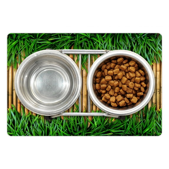 Green and Brown Pet Mat for Food and Water, Bamboo with Grass Inspirations Summer Ecology Japanese, Non-Slip Rubber Mat for Dogs and Cats, 18" X 12", by Ambesonne