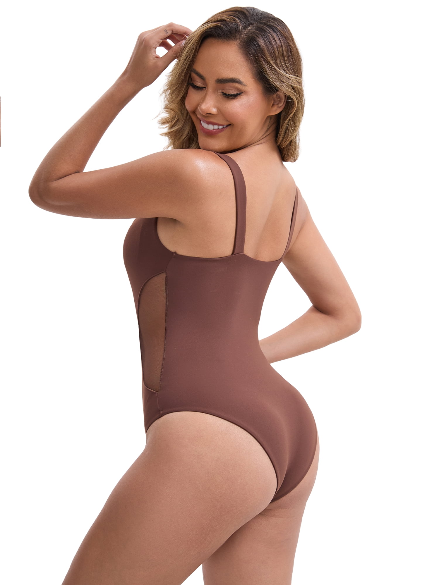 DARING DIVA Women's Seamless V Neck Mesh Waist Tummy Control Shapewear S Dark Brown