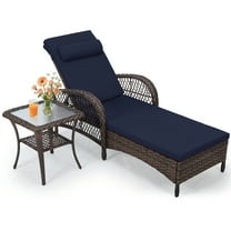 OUINCH Outdoor Wicker Lounge Chair Set, 6-Position Adjustable Patio Chaise Lounge w/Side Table, All Weather Lay Flat Pool Sunbathing Recliner, Armrest & Head Pillow, Fade-Resistant, Navy Blue