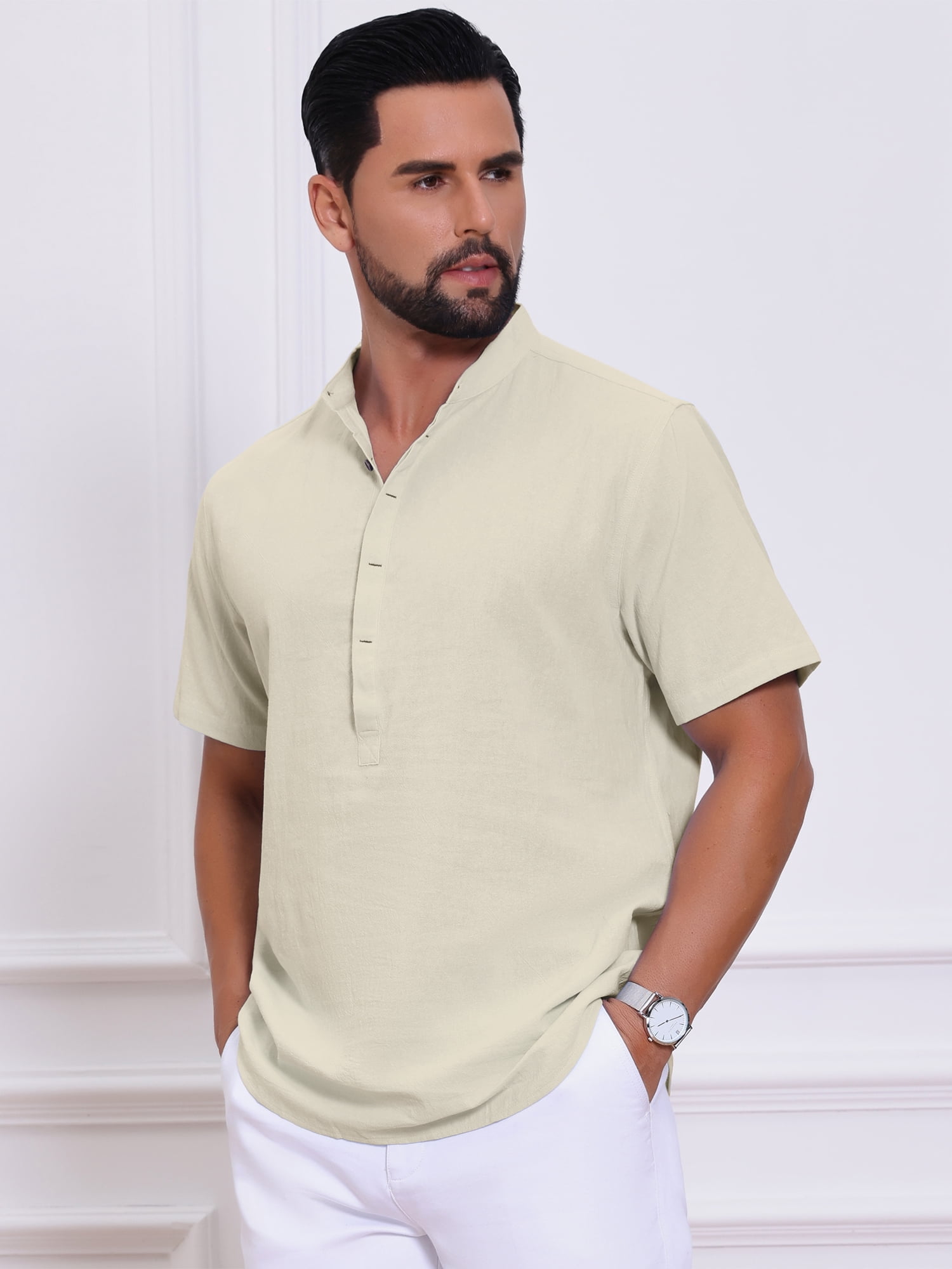 DARING DIVA Men's Casual Henley Band Collar Short Sleeve Summer Linen Shirts M Apricot