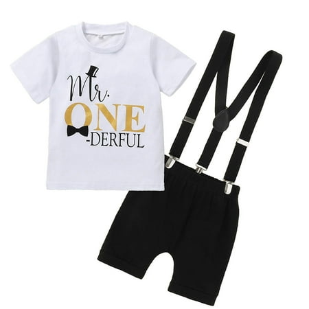 

Actoyo Baby Boy First Birthday Costumes Clothes Toddler T-shirt + Suspender Shorts Outfits