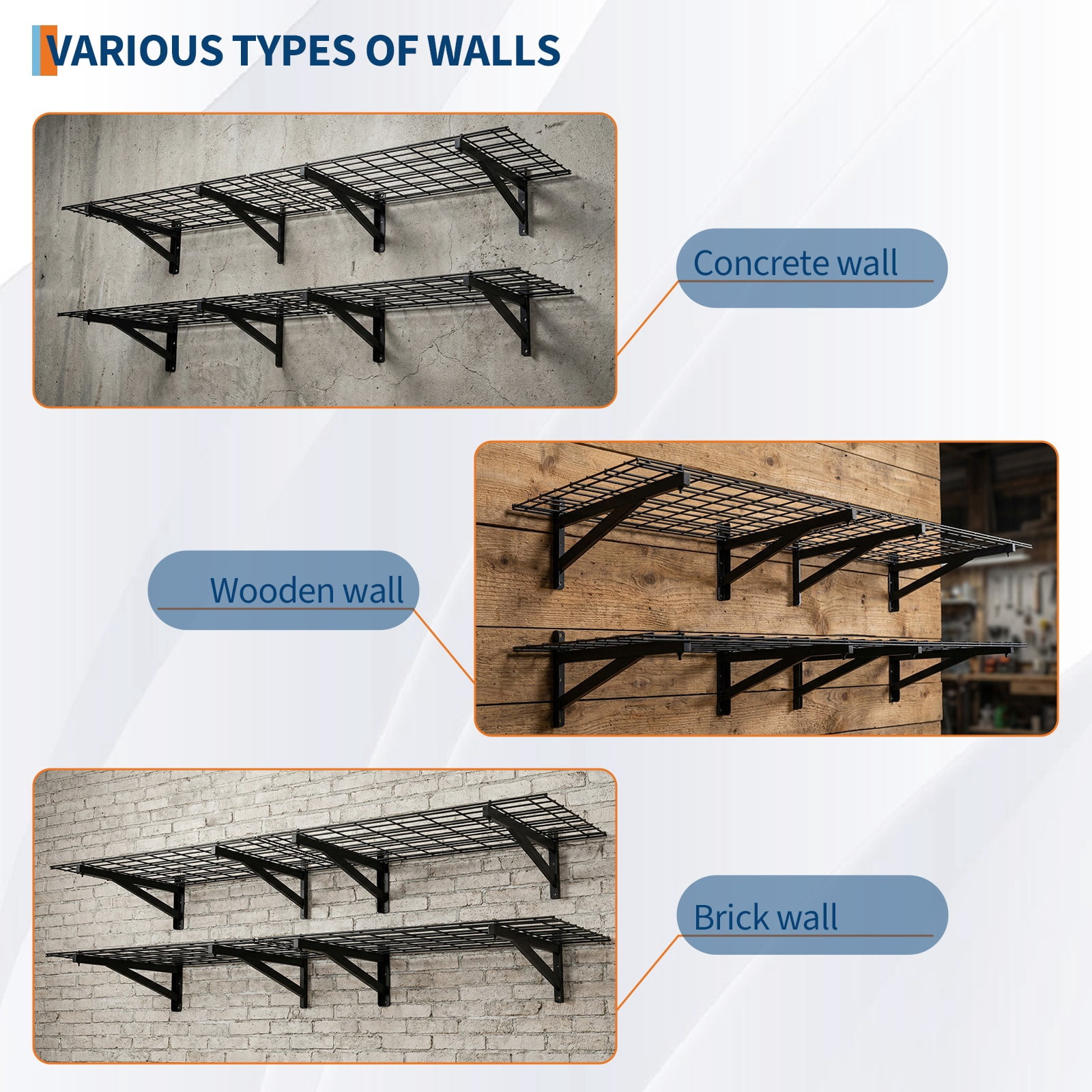 4 Pack Heavy Duty Garage Wall Shelving Set (2x3ft), Wall Mounted Garage Shelves 1400lbs Capacity, 24"X72" Shelf Storage Rack Floating Shelves, Storage Racks for Shop, Shed, Storage Shelve, Black