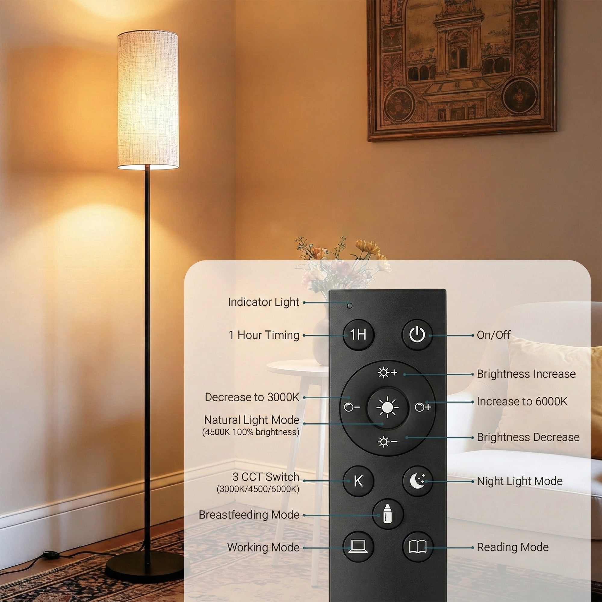 GUPUP Modern Floor Lamp for Living Room, 60" Tall Standing Lamp with Remote Control, 9W LED Bulb Included