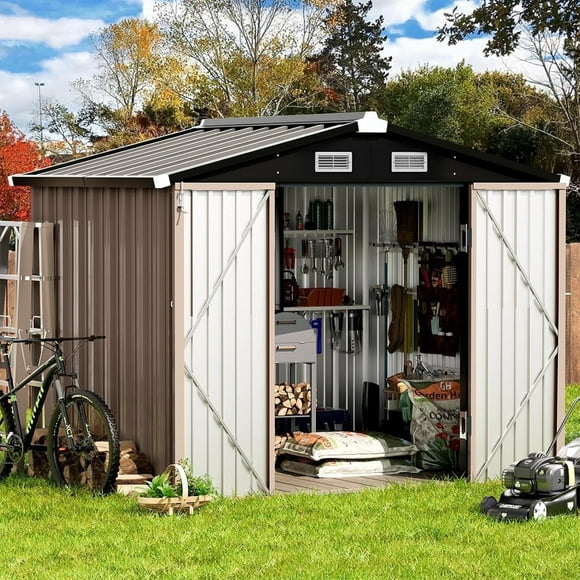 GVDV 8 x 6 ft Metal Outdoor Storage Shed , Metal Shed with Updated Frame, Lockable Doors & Waterproof, Brown