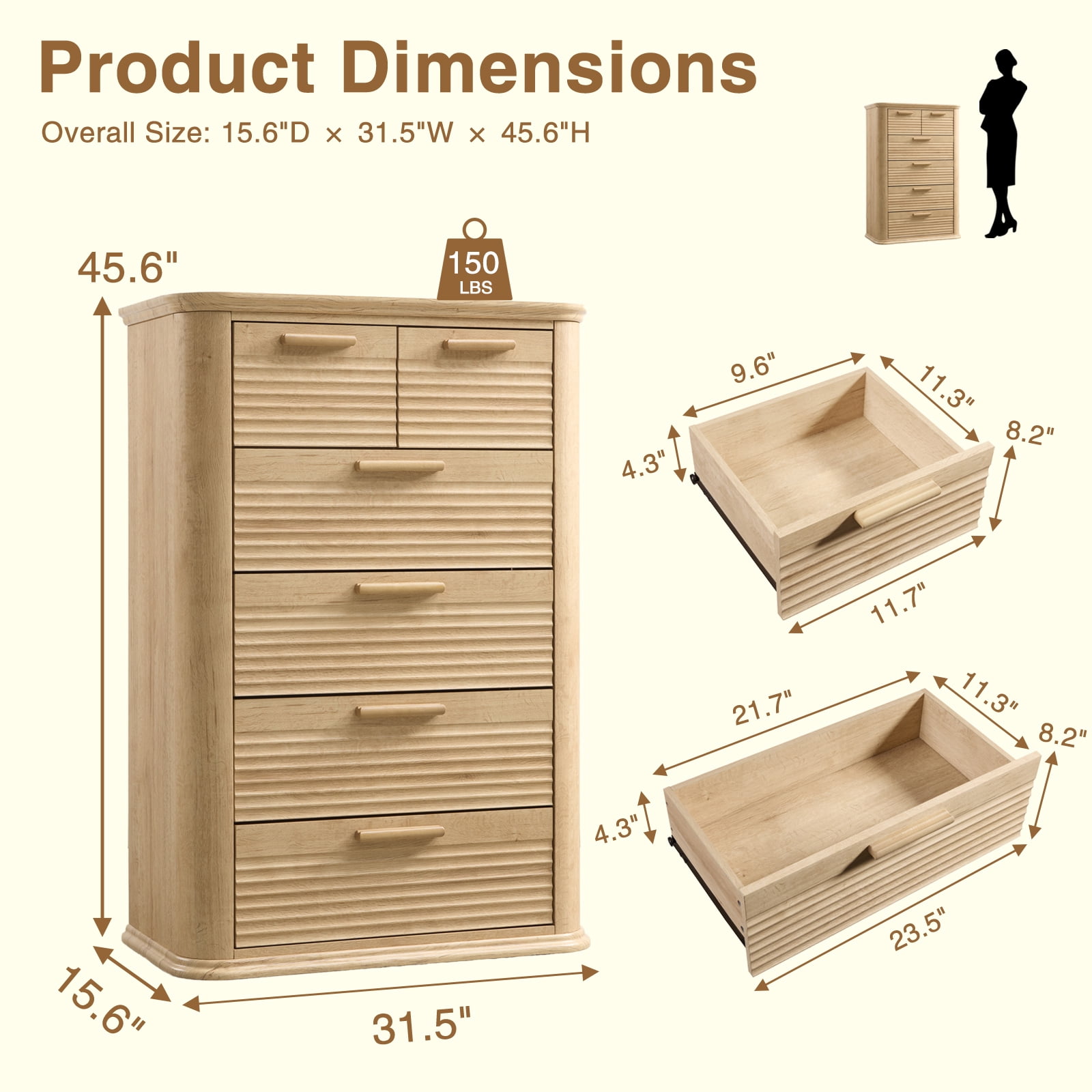 Hommoo 6 Drawers Dresser Storage Organizer, Modern 45" Tall Dresser with Curved Profile Design, Wood Fluted Drawer Chest for Living Room, Oak