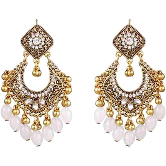Bollywood Jhumka Earrings for Women Vintage Gold Plated Chandelier Drop Earring Hook Cubic Zirconia Beaded Design Dangle Tassel Statement Boho Indian Jewelry for Festival Wedding Holiday