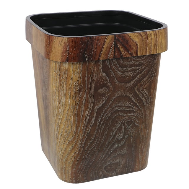 Square Waste Bin with Wooden Pattern 12L Lidless Trash Can Rustic Plastic Garbage Container for Office Bedroom Kitchen Brown