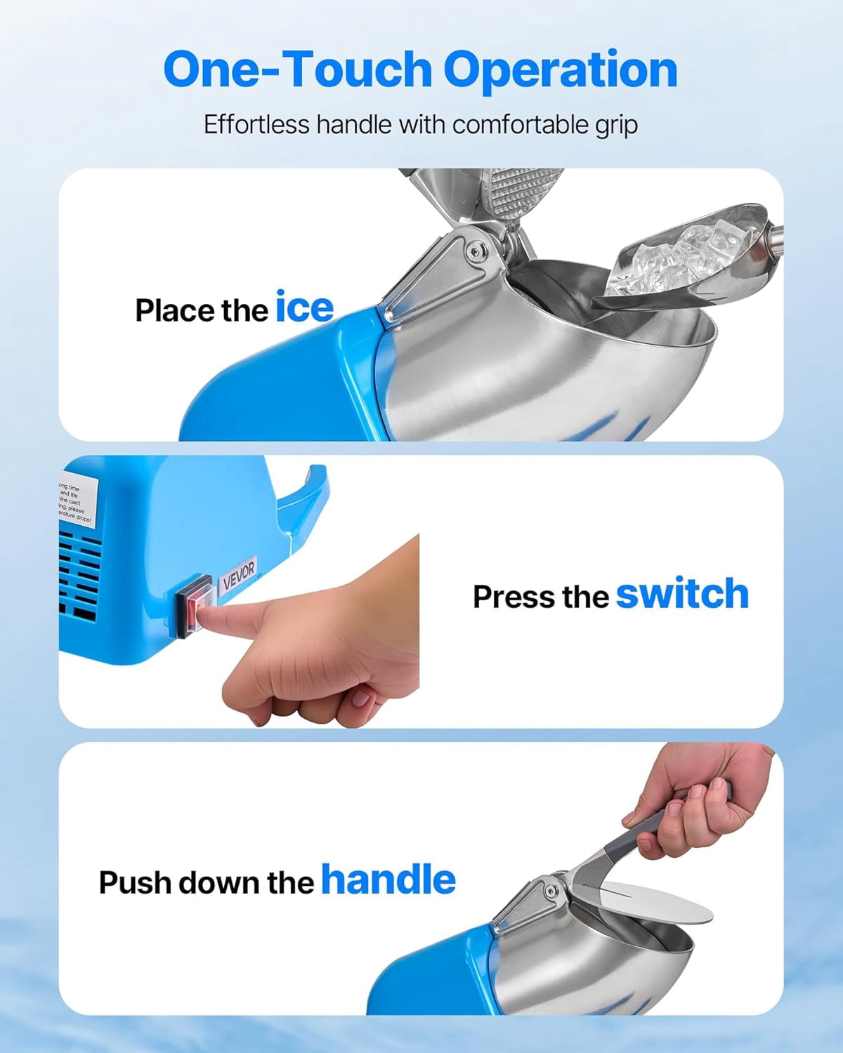 Ice Crusher , 286lbs Per Hour Electric 4 Blades Snow Cone Maker, Stainless Steel Shaved Ice  with Bowl and Cover, 300W 2000RPM Ice-Shaver for Home and Commercial Use, Blue